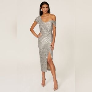 Badglay Mischka Elegant Silver Off-Shoulder Dress